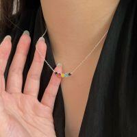 wholesale S925 Sterling Silver Colorful Enamel Smiley Pendant Necklace Women New Simple Rainbow Personality Collarbone Chain-Pure silver (40+5CM)