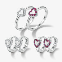 wholesale 925 Sterling Silver Heart Zircon Ear Studs Simple and Elegant High-End Sense Diamond Inlaid Ring Silver Jewelry Valentine's Day Gift-Silver-heart ring Ring inner diameter 17mm