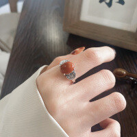 wholesale S925 sterling silver vintage antique-style Ruyi pattern ring with embedded southern red agate, ethnic-style index finger ring-1145FJ/approx. 3.2g>Adjustable opening