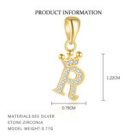 wholesale S925 Sterling Silver, Fashionable And Luxurious Crown Design With Zircon, Diy 26 English Letter Pendant Necklace, Versatile For European And American Styles-Letter R-Single Pendant/Gold 925 Silver