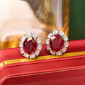 wholesale Metal material first: new high-grade pigeon blood red cultivated ruby earrings, surrounded by high-carbon diamonds, classic ladies' earrings in the style of Princess Diana-0-0