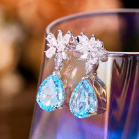 wholesale S925 sterling silver earrings with high carbon diamond ice-cut zirconia stud drop earrings,-sky blue