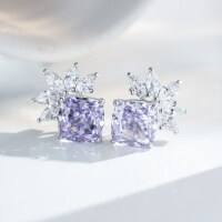 S925 Sterling Silver Earrings, Four-Prong Radiant Cut Ice Flower Blue Topaz and Yellow Diamond Studs.-Lavender Purple - ED065  925 Silver