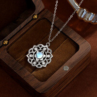 wholesale S925 Silver Cross-Border Best-Selling Lotus Pendant Necklace for Women, Versatile European and American Fashion Moonstone Choker Accessory-White gold-with chain 925 silver
