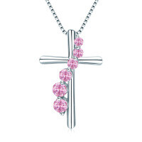 S925 Silver Cross Pendant with Pink Diamond and Sapphire Wholesale-[Cross] October (Pink)  925 Silver