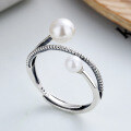 wholesale S925 Sterling Silver Korean-style Lady Retro Pearl Double-layer Irregular Versatile Open Ring-0-0