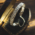 wholesale 925 Sterling Silver Ancient Style Women's Bracelet, Hollow Carved Pattern Retro Niche Wrist Ornament Adjustable Opening-0-1