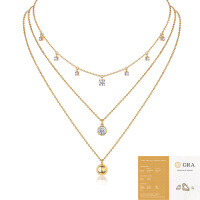 Metal French Three-Layer Long Layered Necklace for Women, Summer Minimalist Ins Style Fade-Resistant Luxury Niche-N15400 Moissanite 1 carat + 1 carat + 6 beads (with GRA certificate)