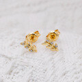 wholesale Metal material: S925 silver plated with 14K gold, French light luxury leaf design white zircon ear studs-0-3