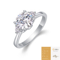 Metal Material Fashion Silver Non-Fading Moissanite Luxury Ring, Custom Processing for Cross-Border Niche Premium Sales.-R13660 Moissanite 2 carats + 2 x 3.0mm stones (with GRA certificate)  US size 8/Hong Kong size 17
