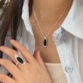 wholesale S925 Sterling Silver Geometric Oval Black Onyx Necklace Women's New Korean Style High-End Sense Collarbone Chain Trendy-0-2