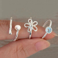 wholesale S925 Sterling Silver Fresh and Sweet Ins-Style Niche Design Unique Floral Open Ring R02296-S925 silver ring pearl style>Adjustable opening