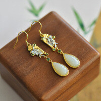 wholesale 925 Sterling Silver Gold Color-Plated Bamboo Leaf with Waterdrop Hetian Jade Earrings, New Chinese Style Minimalist Design Women's Earrings-Gold 925 silver