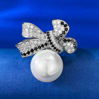 wholesale S925 Sterling Silver Fashion Commuter Synthetic 12mm Pearl Ring for European and American Women, Live Stream Style-R786 Pearl Ring Size 9