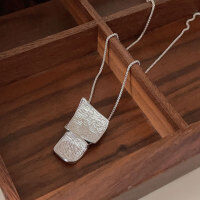 wholesale S925 Sterling Silver Unique Heavy Textured Square Pendant Necklace for Women, New Minimalist Style Collarbone Chain-Sterling silver