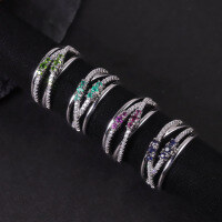 wholesale S925 Sterling Silver Unisex Ring with Minor Line Intertwining Natural Diopside, Group Setting, Garnet, and Sapphire-Natural Chrysoprase Ring  US Size 6 (Domestic Size 13)