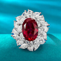 wholesale S925 silver ring set with a 9*13mm pigeon blood red solitaire, fully paved with luxurious red high-carbon diamonds, for women's live streaming and dropshipping-R844 Pigeon Blood Red>No. 8