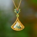 wholesale Silver-gilt metal with cloisonné enamel, shell-shaped Hetian jade pendant, certificate, cheongsam, and Hanfu antique-style necklace-0-0