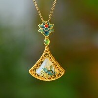 wholesale Silver-gilt metal with cloisonné enamel, shell-shaped Hetian jade pendant, certificate, cheongsam, and Hanfu antique-style necklace-Shell-shaped cold enamel jade pendant (without chain)