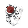 wholesale S925 sterling silver irregular auspicious and ruyi handle inlaid with southern red agate open ring ethnic style finger ring-0-4