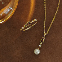 wholesale Sterling Silver Japanese Retro Mallard Style Jewelry Set with Natural Freshwater Pearl Ring and Necklace New Arrival-Gold all-match nude link 925 silver