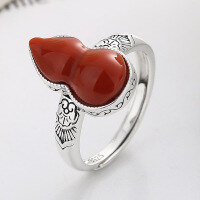 wholesale S925 Sterling Silver Fulu Ruyi Gourd Inlaid with South Red Agate Ring Retro Chinese Style Creative Band-867JM/approx. 4g>Adjustable opening