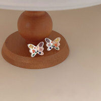 wholesale S925 Sterling Silver Iridescent Stone Butterfly Stud Earrings, New Edition Sweet and Edgy Versatile Earrings for Women-Sterling silver