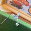 wholesale S925 Sterling Silver Butterfly Diamond-Encrusted Tassel Freshwater Pearl Necklace Fashion Minimalist Niche Luxury Sense Collarbone Chain-0-1