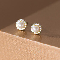 wholesale S925 Sterling Silver Synthetic Pearl Diamond Inlaid Stud Earrings, Minimalist and Stylish Niche Accessory M04241-S925 silver pair gold 925 silver