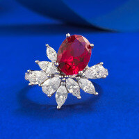 wholesale S925 Silver Synthetic Ruby Ring, Oval 7*9 Ice Flower Design, High-End New Women's Style Ring-R242 Pigeon Blood Red No. 5