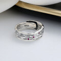 wholesale S925 Sterling Silver Irregular Wave Ring Set with Pink Zircon, Retro Niche Design Sense Jewelry Band-0-1