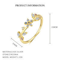 wholesale S925 Sterling Silver French Floral Ring For Women, Luxury Adjustable Open Band With Colorful Zircon-K2149-Gold/7 Sizes