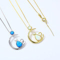 wholesale S925 Silver Japanese Style Young Girl Moon Cat Synthetic Opal Pendant Necklace Jewelry-0-2
