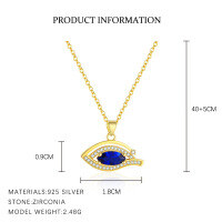 wholesale S925 Sterling Silver Cross-border Hit Deep Blue Evil Eye Zircon Necklace, Small-design Fashion Euro-american Collarbone Chain-A4241_Spine 113#/White Zirconium_18K Yellow Plated 925 Silver