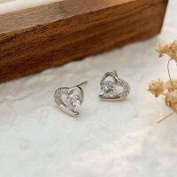 wholesale S999 Silver Korean Style Classic Stone-Studded Heart Earrings for Women, Minimalist and Versatile Ear Accessories with a Premium Feel-Pure silver earrings