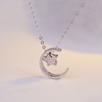 wholesale S925 Sterling Silver Fashion Star and Moon Diamond-Inlaid Necklace, Sweet and Simple Versatile Pendant Collarbone Chain Accessory-Heart Moon Necklace--Platinum 925 Silver
