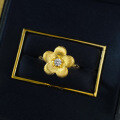 wholesale S925 gold-plated metal with vintage gold wire drawing and diamond-accented small floral ring-0-3