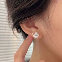wholesale S925 Sterling Silver Korean Style Bow Pearl Earrings for Women, Versatile Fashion Minimalist Chic Ear Accessories-Sterling silver