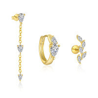 wholesale S925 Sterling Silver Bohemian Leaf Earrings With Zircon And Tassel, Fashionable And Versatile-Single three-piece set 925 silver