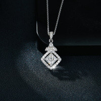 18k Gold-Plated S925 Silver 6*6mm Princess Cut Moissanite Pendant Necklace with Full Diamond Accents-White gold  925 silver