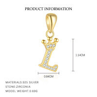 wholesale S925 Sterling Silver, Fashionable And Luxurious Crown Design With Zircon, Diy 26 English Letter Pendant Necklace, Versatile For European And American Styles-Letter L-Single Pendant/Gold 925 Silver