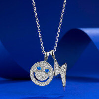 wholesale Metal Material: 925 Sterling Silver European and American cross-border women's smiley face lightning necklace, versatile and high-end, does not fade, available for live streaming drop shipping-N402 Smiley Lightning Necklace 925 Silver