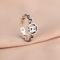 wholesale Sterling Silver Minimalist H Letter Adjustable Open Ring for Women, Fashionable and Unique Niche Smiley Hand Accessory-xb995-white gold