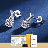 S925 Sterling Silver D Color Moissanite 50-Point X-Cross Four-Prong Stud Earrings-[Kongtuo] 50 points + 50 points  925 Silver