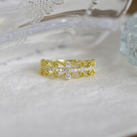 wholesale S925 Sterling Silver Plated 14K Gold Light Luxury Niche Exquisite Vintage Japanese Style Jewelry Lace Openwork Ring with Zircon-Lace Hollow Ring US Size 7