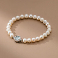 wholesale S925 sterling silver round diamond sea blue topaz Swarovski pearl bracelet, niche French-style luxury women's accessory S6826-S925 silver one pearl>925 silver