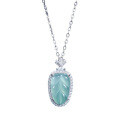 S925 Silver, Gold-Plated, and Diamond Natural Aqua Jadeite Leaf Pendant Necklace-0-3