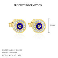 wholesale S925 Sterling Silver Evil Eye Necklace Set With French-style Flower Ring And Zircon Earrings-YE0194_White Zirconium/Black Nano_18K Yellow &gt;925 Silver