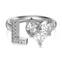 wholesale S925 Sterling Silver European and American Cross-Border Women's Ring with Personalized Letters, Heart, Zircon Inlaid, Adjustable Opening Silver Jewelry for Women-Platinum DY121160-SW-WH(L) Adjustable opening
