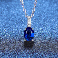 S925 Sterling Silver Moissanite Egg-Cut Cultured Emerald Ruby Sapphire Necklace-Cultured sapphire 5×7mm  925 silver